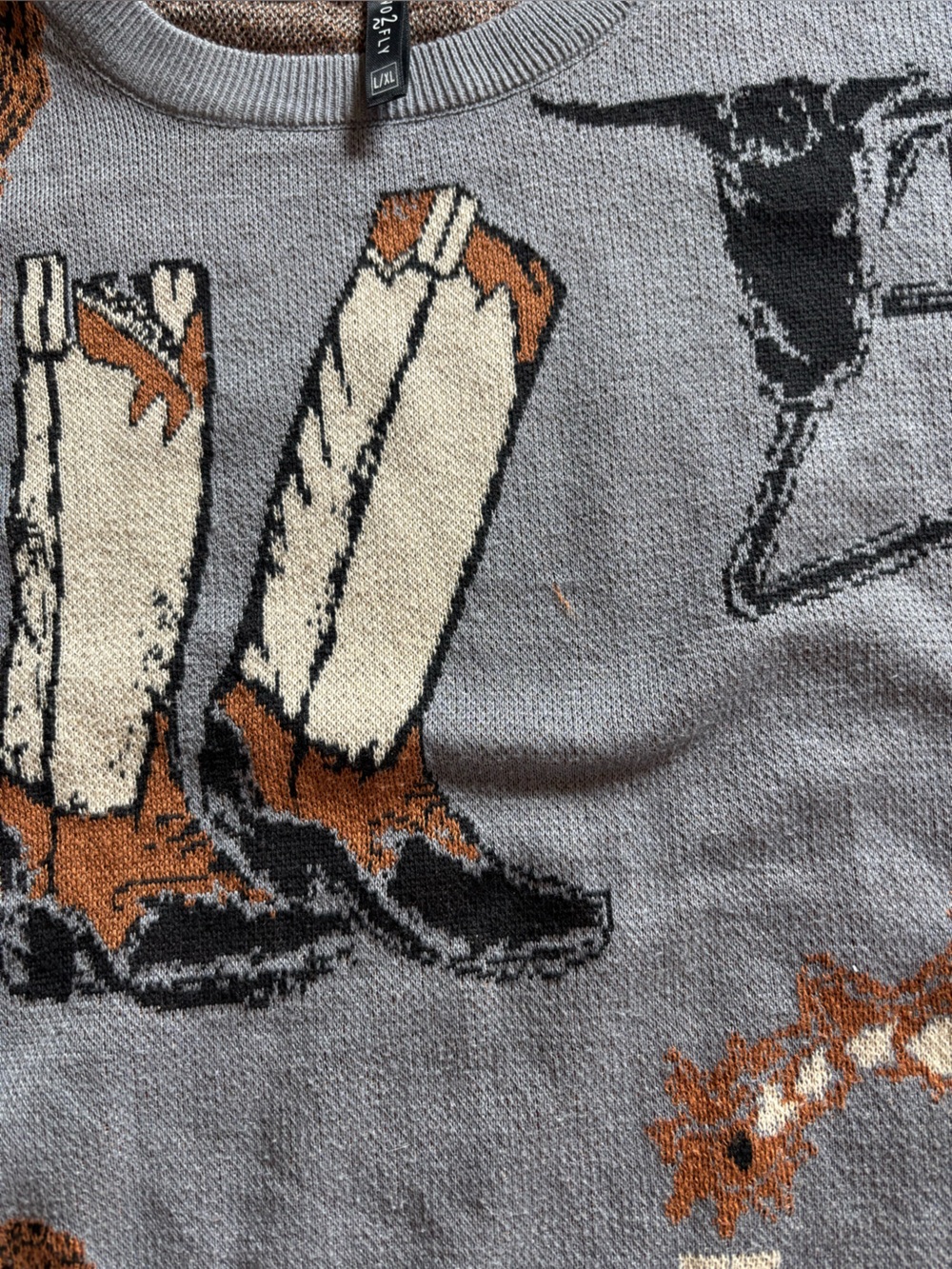Women’s Grey Southwestern Boot & Rope Pattern Sweater Oversized - Picture 5 of 5